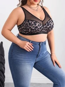 SHEIN CURVE+ Plus Size leopardmönstrad transparent mesh-insert tröjtopp utan bygel med rundad form, sommar/strandsemester - Multifärgad - Visa 5