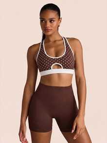 SHEIN BAE Women's Colorblock Polka Dot Print Daily Fitness Sports Bra - Coffee Brown - View 3