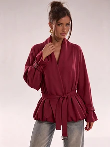 SHEIN BAE 花苞設計收腰休閒日常百搭風衣外套 - 紅色 - 查看 6