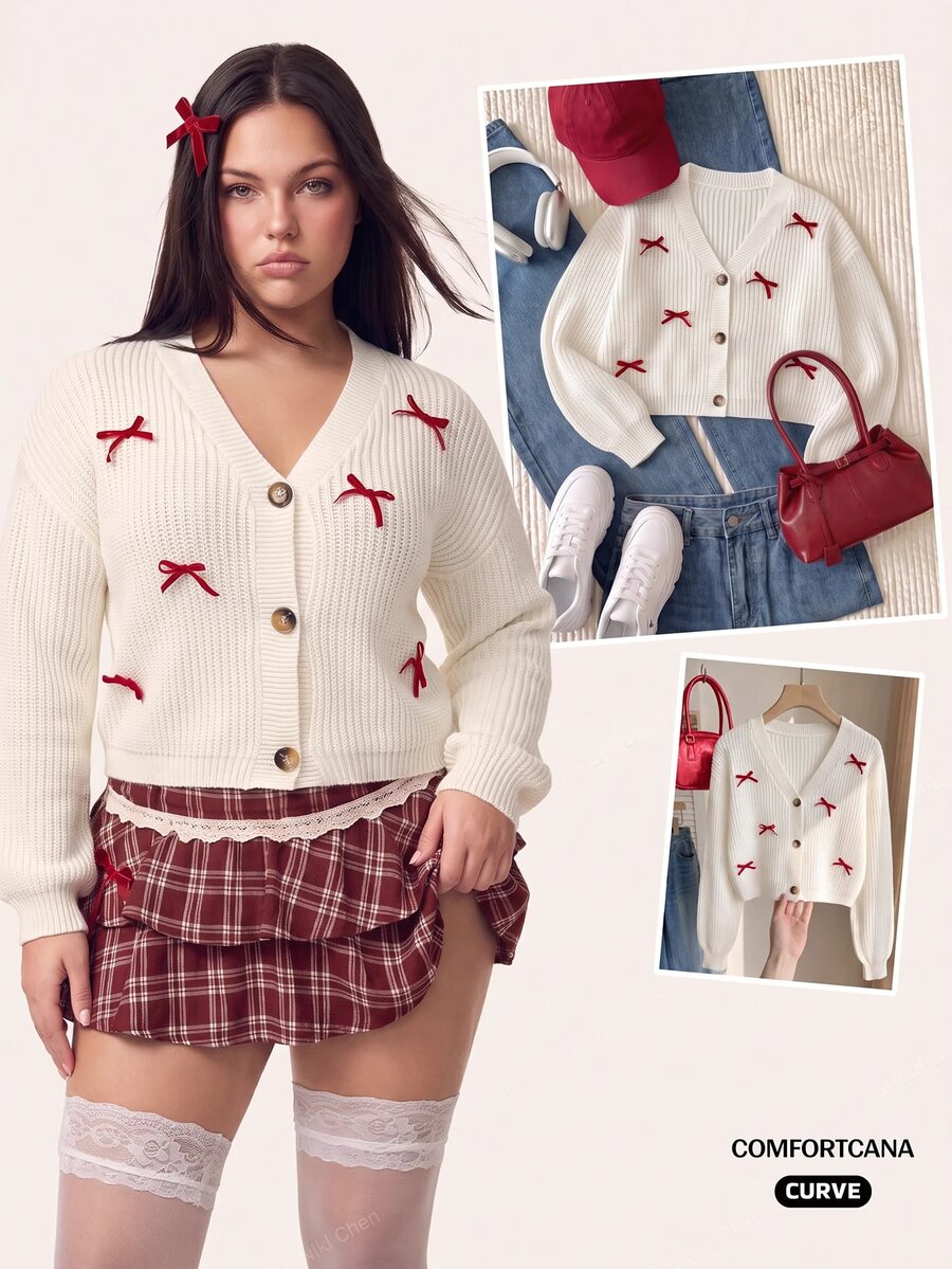 Comfortcana Plus Size Women's Bow Decor Long Sleeve Single-Breasted Knit Cardigan - Beige - View 1