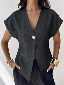Firerie Women's Metal Single Button Batwing Short Sleeve Regular Jacket - Dark Grey - View 7
