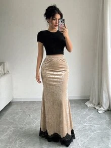 GlowEve 女款蕾絲拼接休閒日常裙 - 金色 - 查看 4