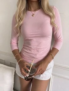 CovetEZ 女款圓領中袖簡約粉色百搭修身短版側開衩T恤，適合秋季，Y2K風格 - 淺粉色 - 查看 5