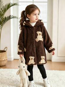 SHEIN Playful Pals Girls 2026 Fall Winter New Teddy Bear Pattern Fleece Hooded Jacket Lambswool Lining Thickened Winter Coat Soft Skin-Friendly Non-Shedding Loose Fit - Brown - View 1