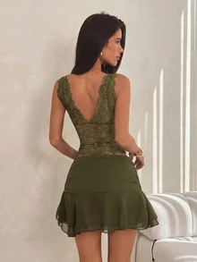 SHEIN ICON 夏季 Y2K 女款性感優雅黑色蕾絲拼接上衣，休閒百搭，適合夜店外出與日常穿著 - 軍綠色 - 查看 2