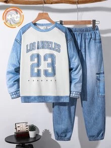 SHEIN 大童男孩數字字母丹寧效果印花插肩袖上衣與錐形長褲套裝 - 彩色 - 查看 3