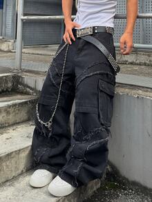 STEELVANCE Street Retro Fashion Versatile Washed Heavy Duty Multi-Pocket Raw Edge Design Loose Straight Leg Wide Leg Casual Denim Jeans For Daily Wear (Belt & Accessories Not Included) - Black - View 3
