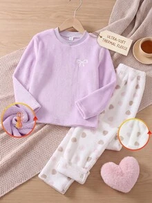 Genkimix Kids 女童大童睡衣套裝 秋冬日常休閒優雅居家服 長袖長褲 蝴蝶結刺繡圖案與滿版小愛心印花 刷毛套裝 - 淡紫色 - 查看 5