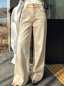 SHEIN EZwear Celana Jeans Longgar Serbaguna untuk Wanita dengan Kantong Kancing - Khaki - View 4
