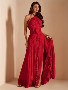 SHEIN BAE 春夏女款粉色掛脖百褶精緻開衩高開衩洋裝，婚禮賓客禮服，情人節洋裝，粉色洋裝 - 紅色 - 查看 6