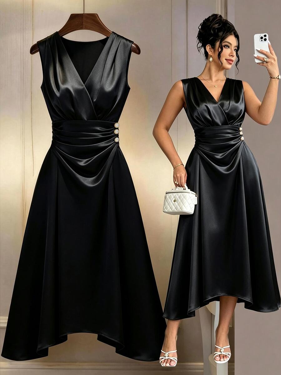 SHEIN Clasi Plus Size Women's Solid Color V-Neck Pleated Casual Party Dress - Black - View 1
