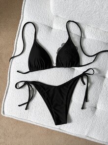 SHEIN Swim Women's Summer Beach Solid Color Halter Tie Sexy Bikini & Triangle Bottom Two-Piece Swimsuit Set - Black - View 2