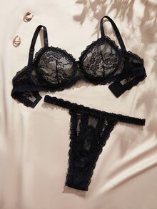 Charlaine Plus Size Lace Sheer Sexy Bra And Panty Set - Black - View 1