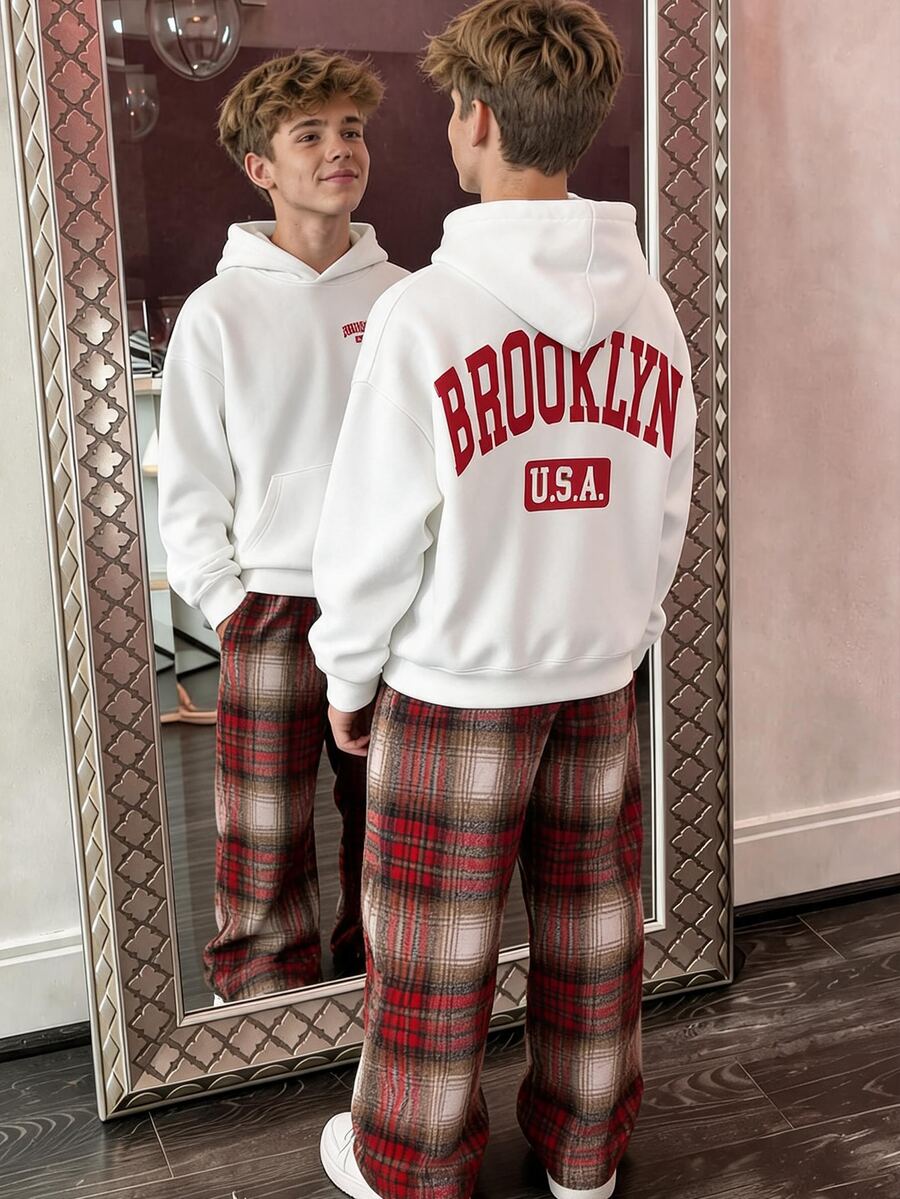 Teen Boys Casual Comfortable Versatile Hoodie & Plaid Pants Set - Multicolor - View 1