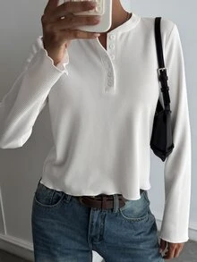 Dazy Tall 女款純色不對稱肩休閒日常長袖T恤 - 白色 - 查看 7