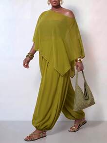 Zivah Plus Size Women Solid Color Asymmetrical Shoulder Top And Pants Casual Daily 2 Pieces Set - Olive Green - View 7