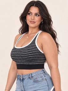 SHEIN Rhythm Era Randig färgblockig casual sport-haltertop för kvinnor i plus size, för dagligt bruk - Svart - Visa 3