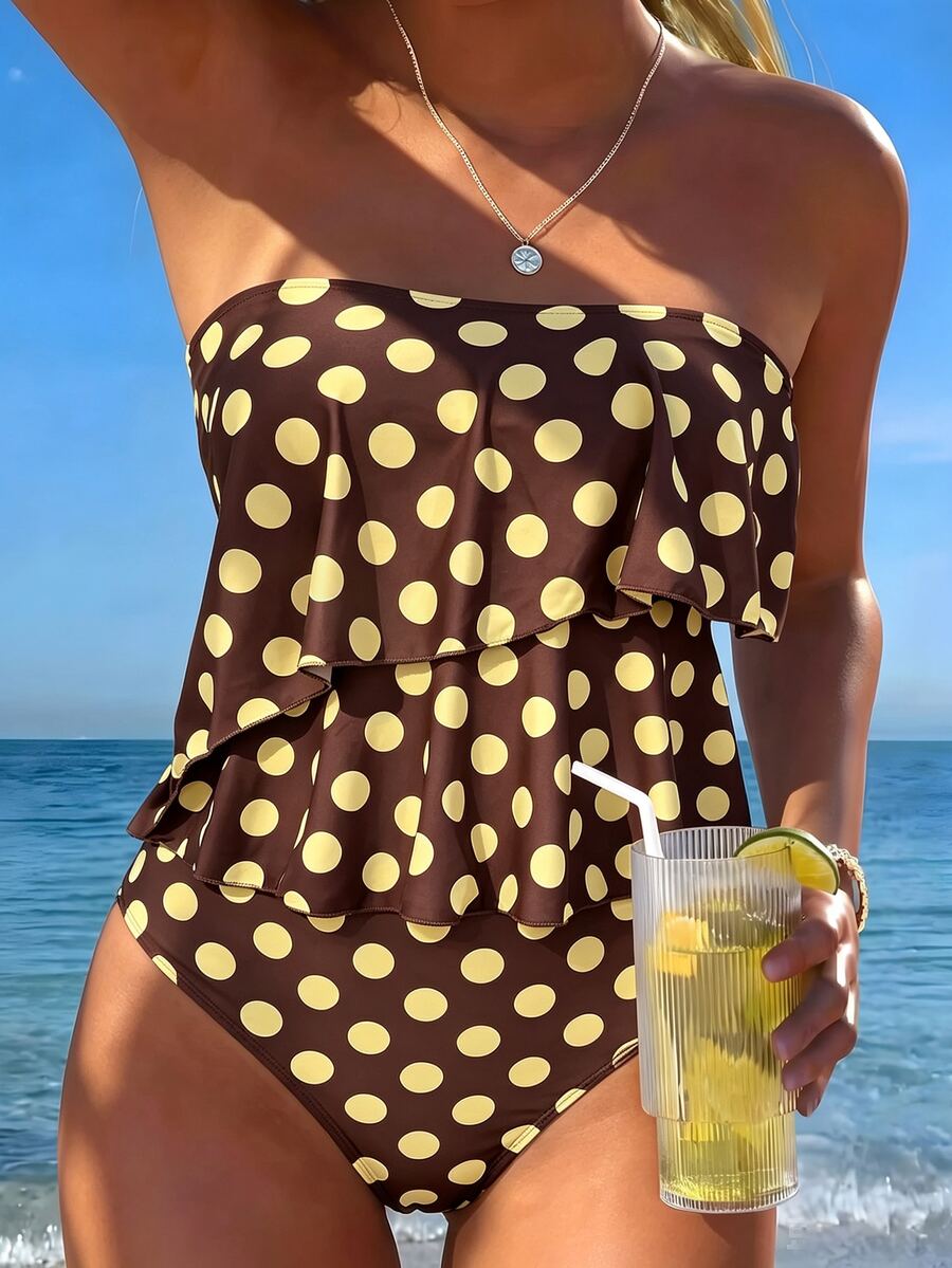 SHEIN Swim 春夏女款2件式海灘裝套裝,時尚可愛性感度假海邊泳池派對款,隨機印花波點多色荷葉邊可拆式細肩帶背心上衣與高腰比基尼泳褲 - 彩色 - 查看 1
