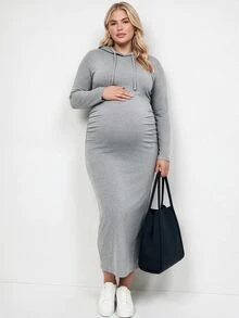 Plussiva 大尺碼孕婦純色長袖側開衩抽繩連帽洋裝 秋季 - 巧克力棕 - 查看 4