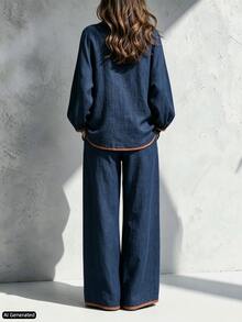 Trelyra Autumn Clothing, Round Neck Contrast Trim Long Sleeve Top And Straight Leg Wide Leg Pants Two Pieces Set, Navy Blue Casual Two Pieces Set, Elegant Commute Two Pieces Set - Navy Blue - View 2