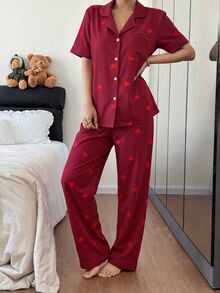 SHEIN 條紋愛心印花翻領短袖長褲女款睡衣套裝 - 彩色 - 查看 7