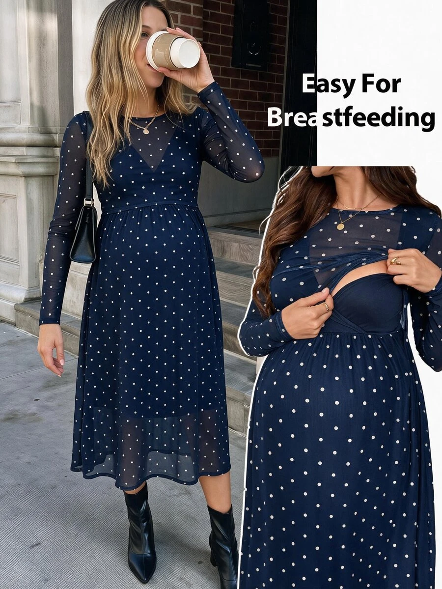SHEIN Polka Dot Print Round Neck Long Sleeve Elegant Maternity Nursing Dress Fall - Blue and White - View 1