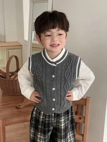 DAZY Infant Boys Casual Contrast Color Autumn/Winter Layering Korean Style Solid Color Cardigan - Grey - View 3