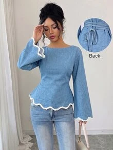GlowEve Women's Round Neck Long Sleeve Patchwork Floral Lace Trim Denim Top - Blue - View 2