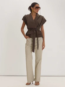 MUSEYN Brown Woven Structured Button Shoulder Tie Waist Tailored Top Versatile Everyday Casual Fall - Coffee Brown - View 2