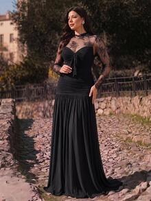 Aureia Plus Size Elegant Luxury French Embroidery Lace Round Neck Long Sleeve V-Neck Built-In Fishbone Bodycon Flared Hem Evening Dress For Women New Year - Black - View 10