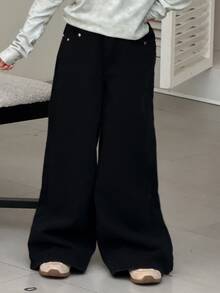 DAZY Tween Girl Pocket Wide Leg Loose Casual Denim Jeans - Black - View 3