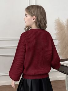 SHEIN 少女純色圓領長袖休閒百搭針織衫 - 紅色 - 查看 8