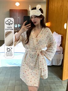 DAZY Women's Fashionable Versatile Polka Dot Contrast Color Robe For Home Wear - White - View 6