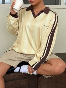 Muchica Women's Plus-Size Long-Sleeve T-Shirt – Letter Print, Color-Block, Casual Athletic Style - Multicolor - View 5
