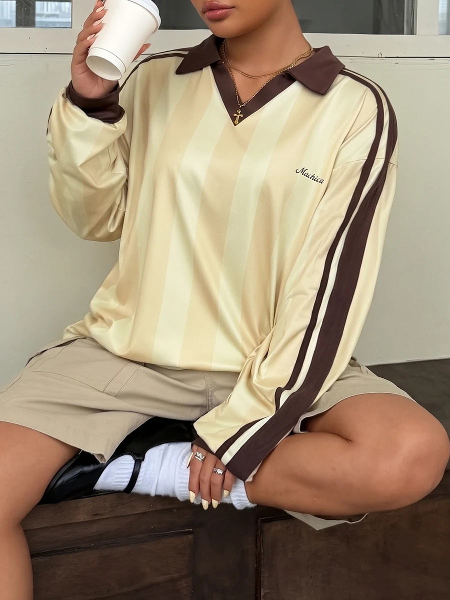 Muchica Women's Plus-Size Long-Sleeve T-Shirt – Letter Print, Color-Block, Casual Athletic Style - Multicolor - View 1