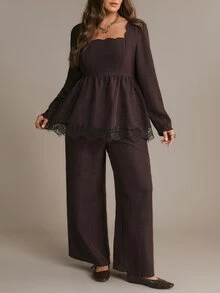 Freevana Square Neck Peplum Top And Wide-Leg Pants Two Pieces Set With Lace Hem, High-Waist Elegant Outfit Fall - Mocha Brown - View 1