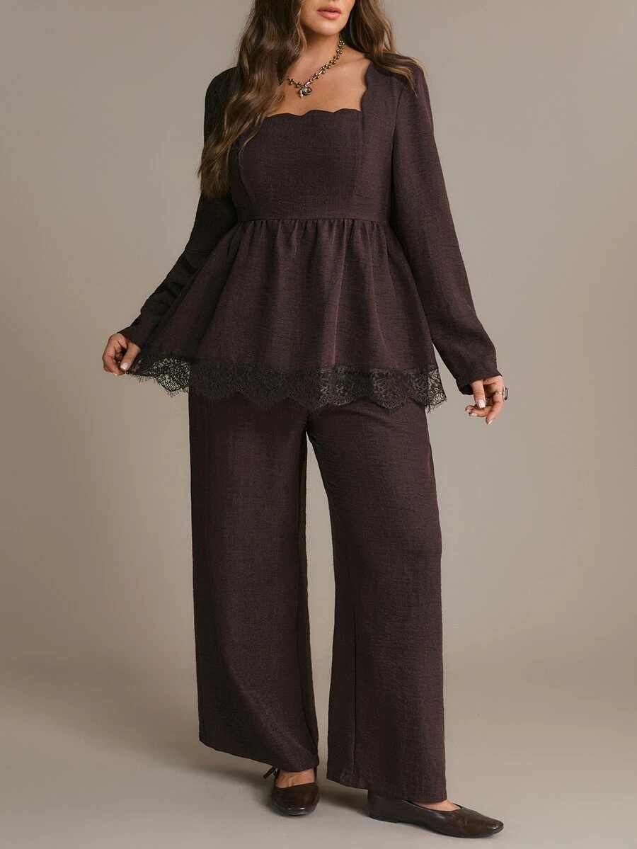 Freevana Square Neck Peplum Top And Wide-Leg Pants Two Pieces Set With Lace Hem, High-Waist Elegant Outfit Fall - Mocha Brown - View 1