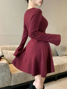 DAZY Women's Elegant Elegant Long Sleeve Sweater Dress Winter - Burgundy - View 2
