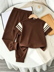 Kids Young Boy Autumn New Casual Minimalist Loose Comfortable Sporty Style Round Neck Short Sleeve & Long Pants 2pcs Set - Multicolor - View 2