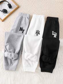 SHEIN 青少年男孩 3件組休閒百搭黑色、灰色、白色多色運動長褲，適合通勤、上學、日常休閒穿著、運動 - 彩色 - 查看 4