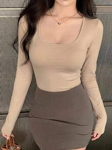 DAZY Women's Solid Color Fitted Versatile Long Sleeve T-Shirt For Daily Wear - Khaki - View 10