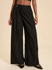 Travachic Women's Solid Color Side Waist Buckle Design Wide Leg Loose Long Pants - Black - View 5