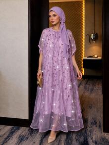 Auveirra Plus Size Women's Leaf Embroidery Pattern Casual Party Dress - Purple - View 3