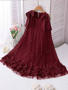 SHEIN Girls Elegant Fashion Ruffle Lace Pearl Shiny Mesh Dress - Burgundy - View 1