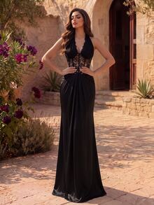 Coutiva Women's Lace Patchwork Pleated Elegant Cinched Waist Formal Evening Dress Halter Neck - Black - View 5
