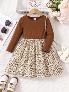Young Girl Knitted Solid Color Round Neck Patchwork Floral Fitted Casual Autumn/Winter Dress - Multicolor - View 4