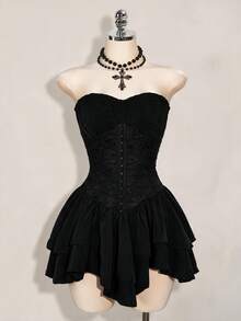 SHEIN ICON Women's Solid Color Pleated Casual Daily Summer Strapless Mini Dress - Black - View 7