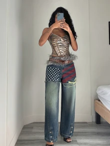 Jeanoix Y2K Wasteland Style Distressed Gradient Denim Straight Leg Jeans With Front Star Stripe Print Layered Ripped Holes Button Adjustable Wide Leg Pants - Dark Wash - View 1
