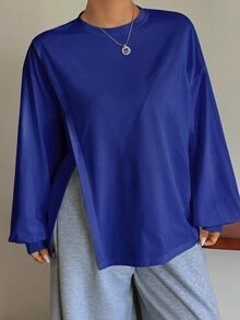 Dazy Plus Small Round Neck Solid Color Casual Versatile Side Slit Design Long Sleeve White Spring Summer Autumn T-Shirt - Royal Blue - View 5