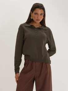 MUSEYN Khaki Knit Long Sleeve Polo Top Versatile Everyday Basics Casual Fall - Spring Green - View 1